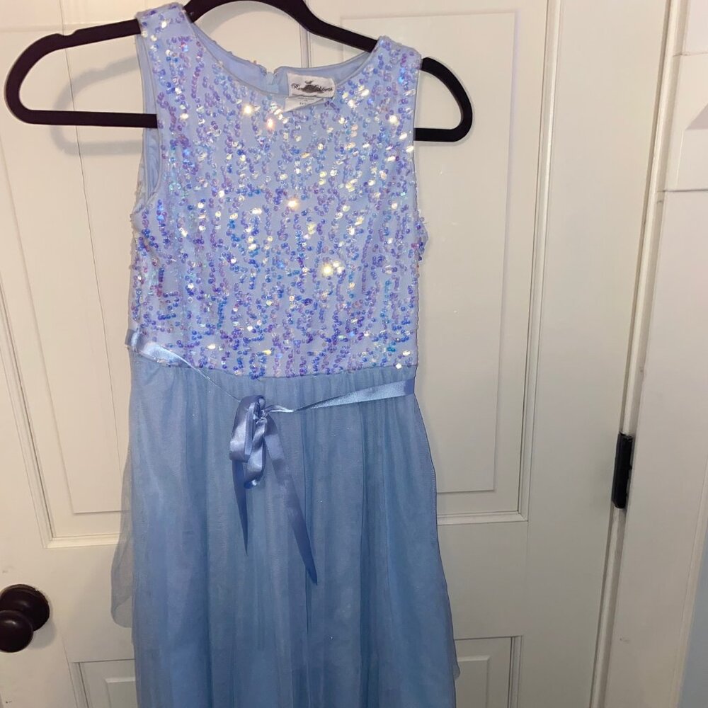 Rare Editions Light Blue Sequin Tulle Dress – Size 14 – Elegant & Sparkly!